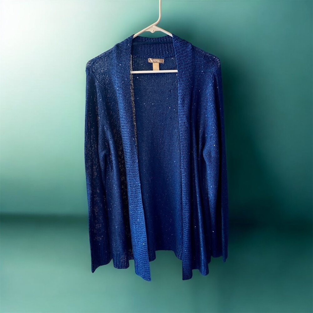 White Stag Blue Sparkly with Sequins Long Sleeved Open Duster Sweater Size Large